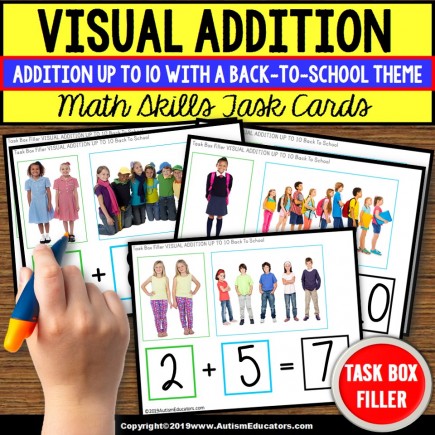 ADDITION WITH SUMS UP TO 10 | BACK TO SCHOOL THEME Task Box Filler Activities